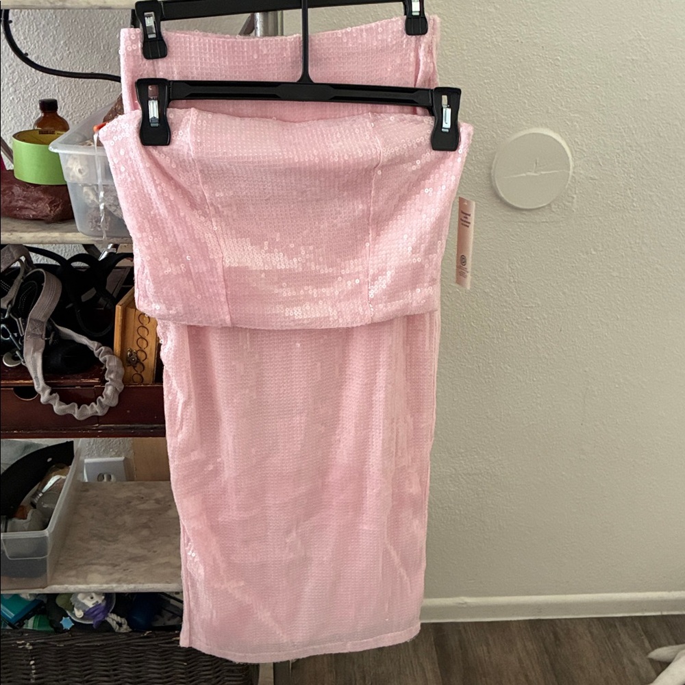 No Boundaries Pink Sequin Midi Skirt with Front Slit